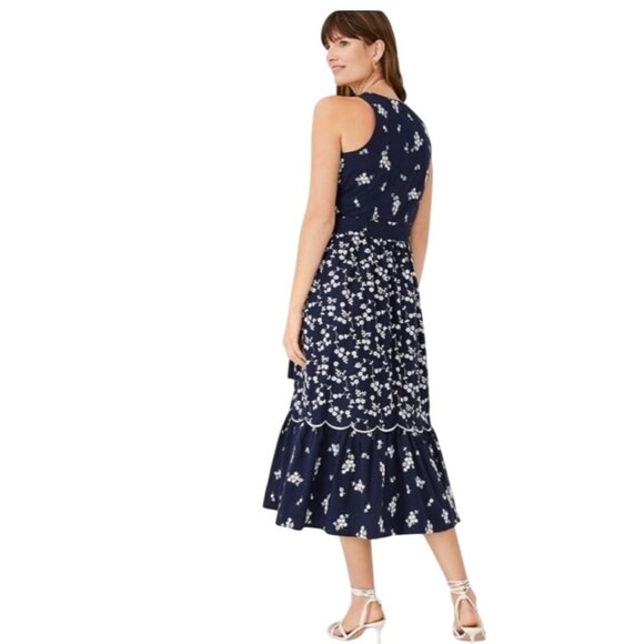 Ann Taylor Floral tiered heavily Embroidered Navy Blue Midi Dress Size 2 NWT - Picture 2 of 12